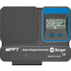 Black MPPT device with textured area on the left, blue-framed display on the right showing icons and numbers, three LEDs above, two blue buttons with plus and minus, printed text 'MPPT', 'Berger' and '30A DC 12/24V'