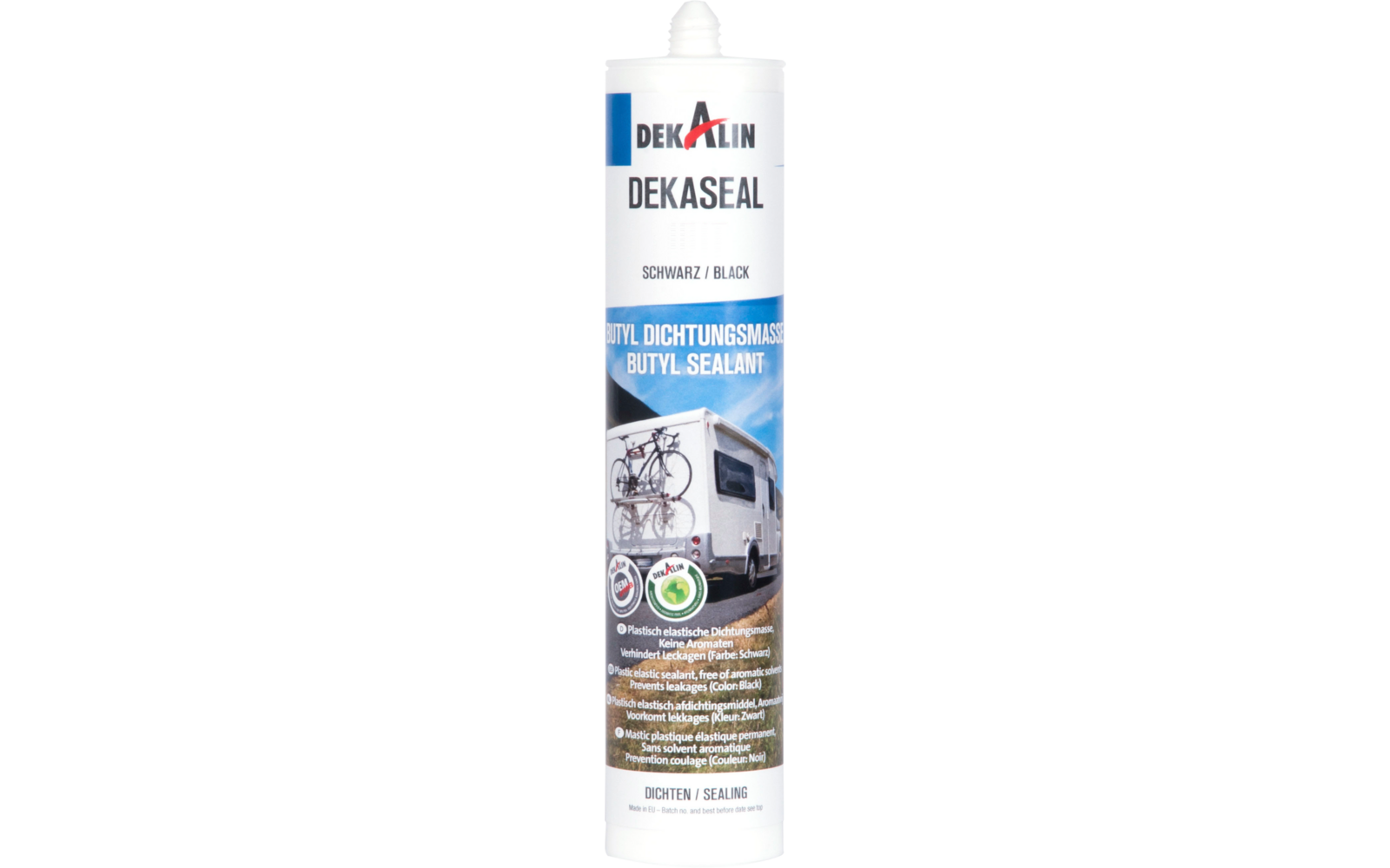 White cartridge with white nozzle; white-blue label reading 'DEKALIN DEKASEAL', 'SCHWARZ / BLACK' and 'BUTYL DICHTUNGSMASSE / BUTYL SEALANT'; photo of a camper van with bicycles and two green round icons
