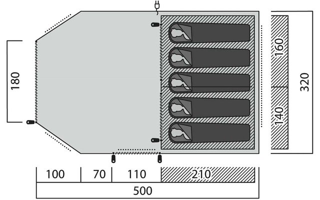 Dibujo en blanco y negro con formas geométricas: a la izquierda un área octogonal, a la derecha un área rectangular con cinco rectángulos estrechos apilados, cada uno con una silueta de cabeza estilizada. Líneas punteadas, pequeños símbolos negros de cierre/bisagra, áreas rayadas y cotas 100, 70, 110, 210, 500, 180, 320, 160, 140