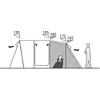 Sección transversal de una tienda de varios compartimentos con medidas (195, 195, 185, 175, 165) sobre el techo, puerta central con cremallera y contorno de puerta punteado, vestíbulo sombreado a la derecha, persona sentada en el interior, persona de pie fuera a la derecha, flechas a la izquierda y a la derecha