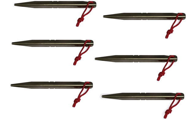 Zes identieke metalen pennen met taps toelopende punten, elk met een rood lusje door een opening in het platte uiteinde op een witte achtergrond