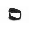 Black open plastic frame with a triangular top containing a circular hole, curved side opening and flat base with a square cutout