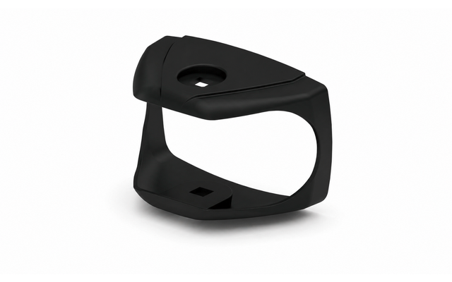 Black open plastic frame with a triangular top containing a circular hole, curved side opening and flat base with a square cutout