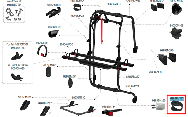 Exploded diagram on a white background showing black metal frame pieces, small plastic components and numbered labels; a single part in the lower right is outlined in red