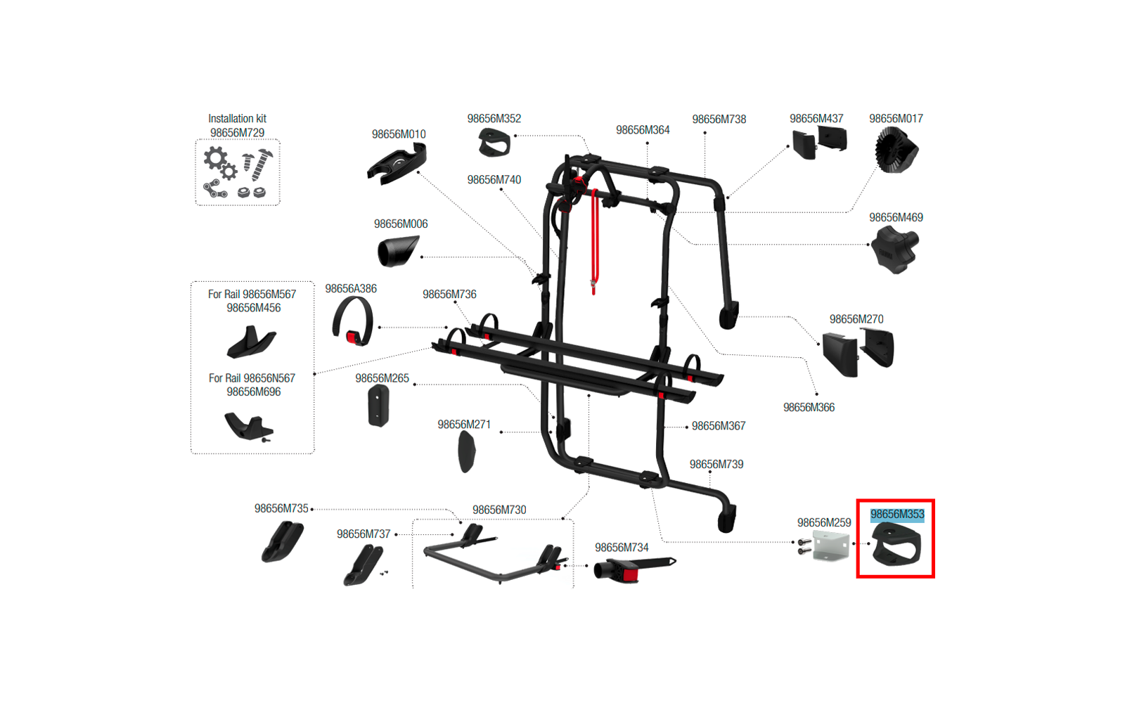 Exploded diagram on a white background showing black metal frame pieces, small plastic components and numbered labels; a single part in the lower right is outlined in red