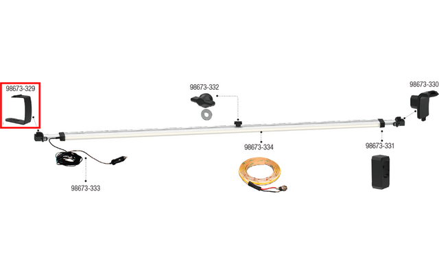 Lange silberne Metallstange mit schwarzen Endkappen, links ein schwarzes Kabel mit Stecker, mittig kleine schwarze und graue Kunststoffteile, aufgerolltes orange-gelbes Kabel, rechts ein schwarzer rechteckiger Block, weißer Hintergrund