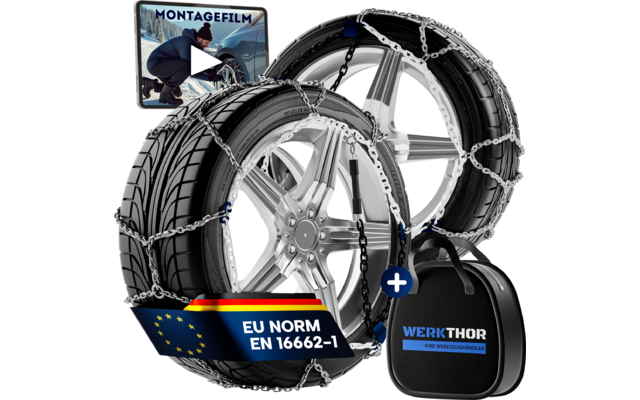Zwei Autoreifen mit Metallketten, silberne Felgen, blaues EU‑Norm‑Schild 'EU NORM EN 16662-1', schwarze Tragetasche 'WERKTHOR' und Video‑Thumbnail 'MONTAGEFILM'