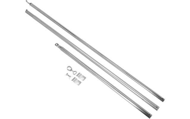 Drei lange metallische Stangen und mehrere kleine Metallteile auf weißem Hintergrund