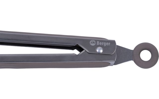 Opgevouwen zilverkleurige metalen tang met een ronde ophangopening en de tekst "Berger"