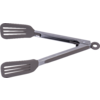 Stainless-steel tongs with gray slotted silicone ends and a round locking ring on the handle