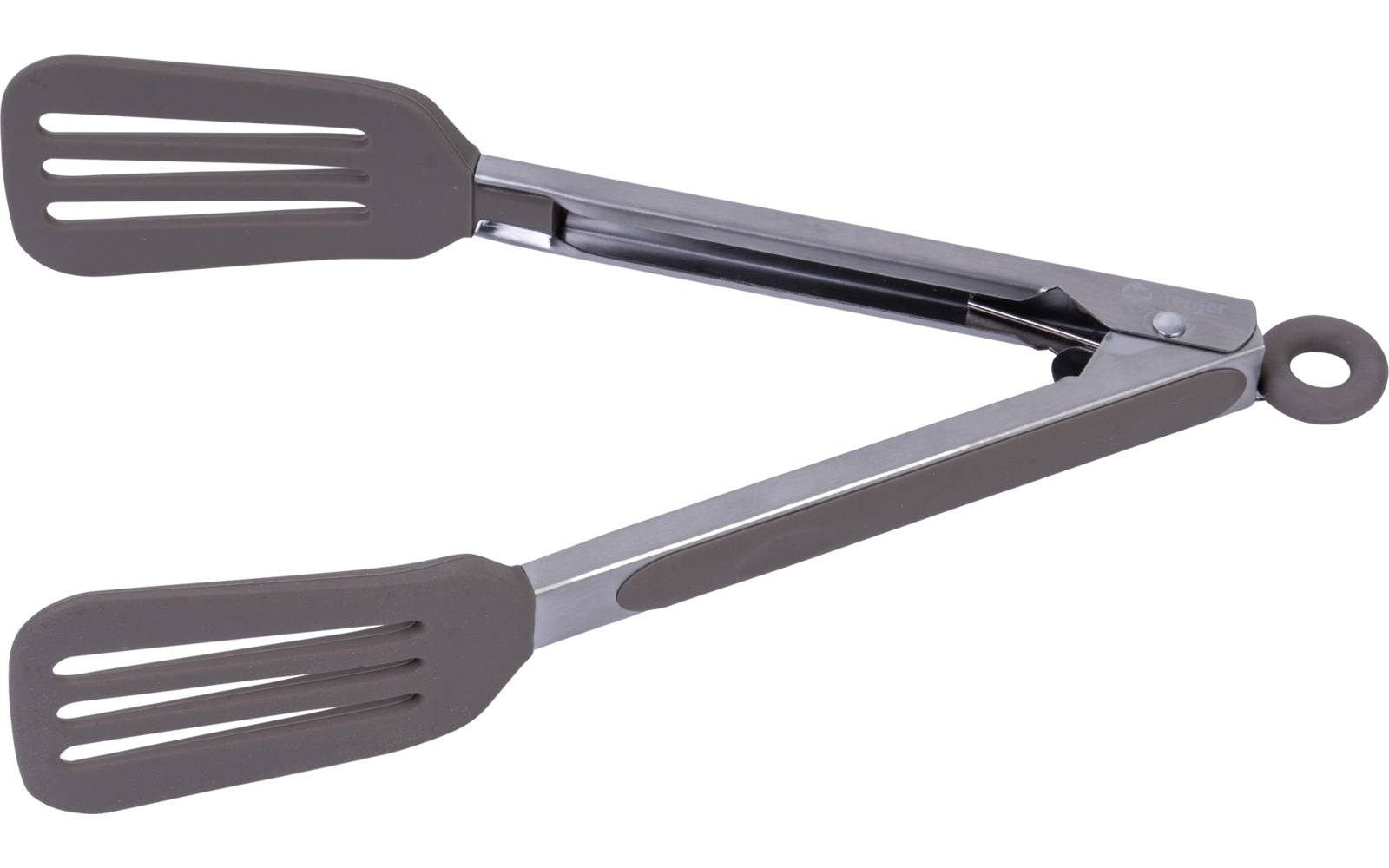 Stainless-steel tongs with gray slotted silicone ends and a round locking ring on the handle