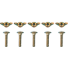 Five wing nuts in a row above five screws on a white background
