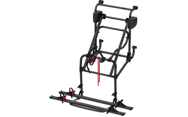 Schwarzer Metall-Fahrradträger mit zwei parallelen Schienen, mehreren roten Riemen und Kunststoffhaltern