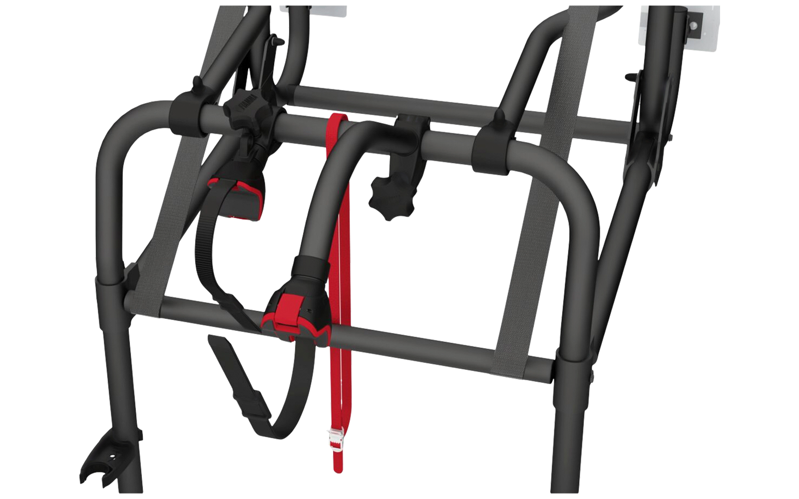 Schwarzer Metallrahmen mit grauen Gurten, rotem senkrechtem Riemen mit silberner Schnalle, schwarzen Kunststoffknöpfen und Befestigungsclips