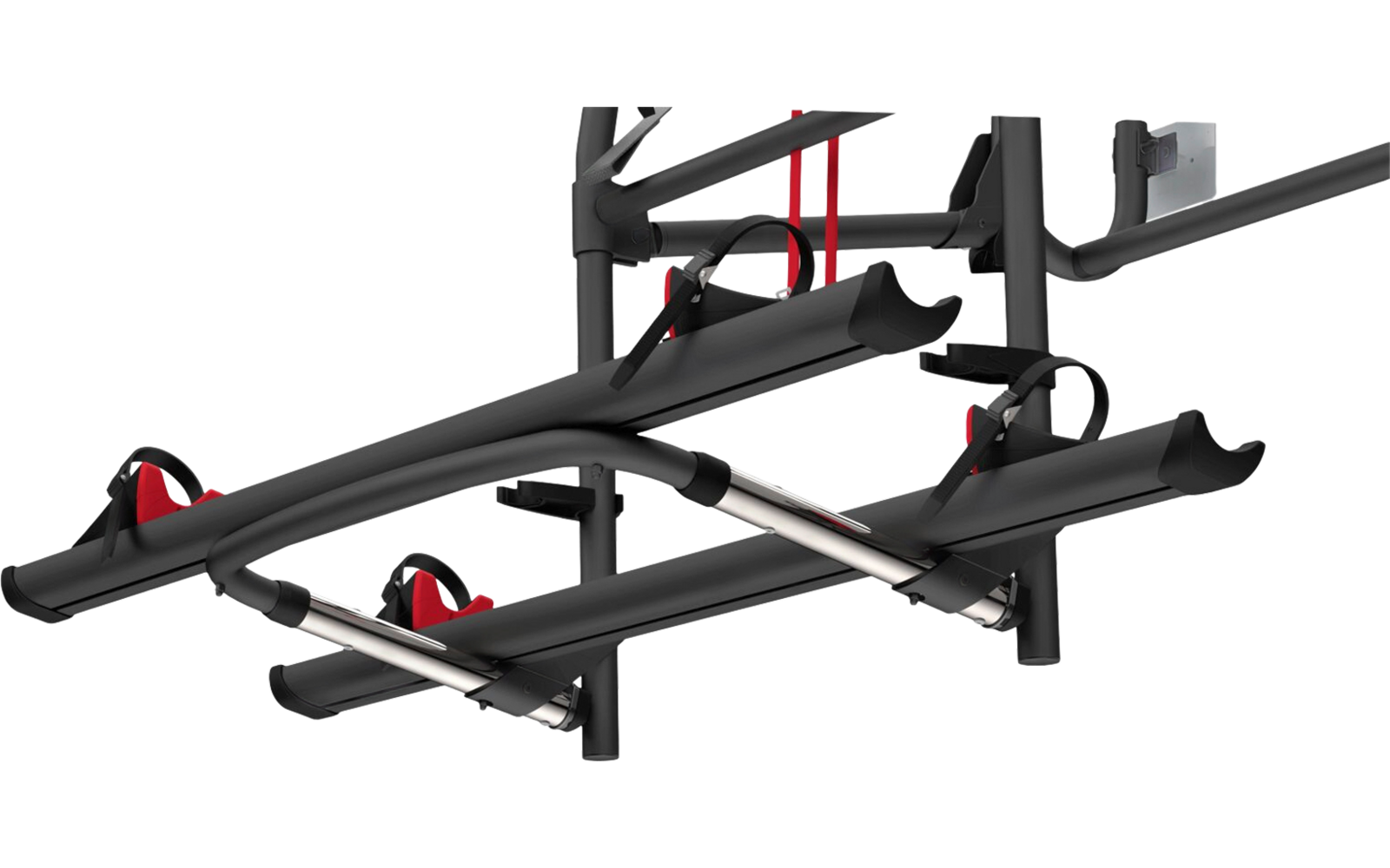 Schwarze Metallhalterung mit drei gebogenen Halterungen und roten Gurten vor weißem Hintergrund