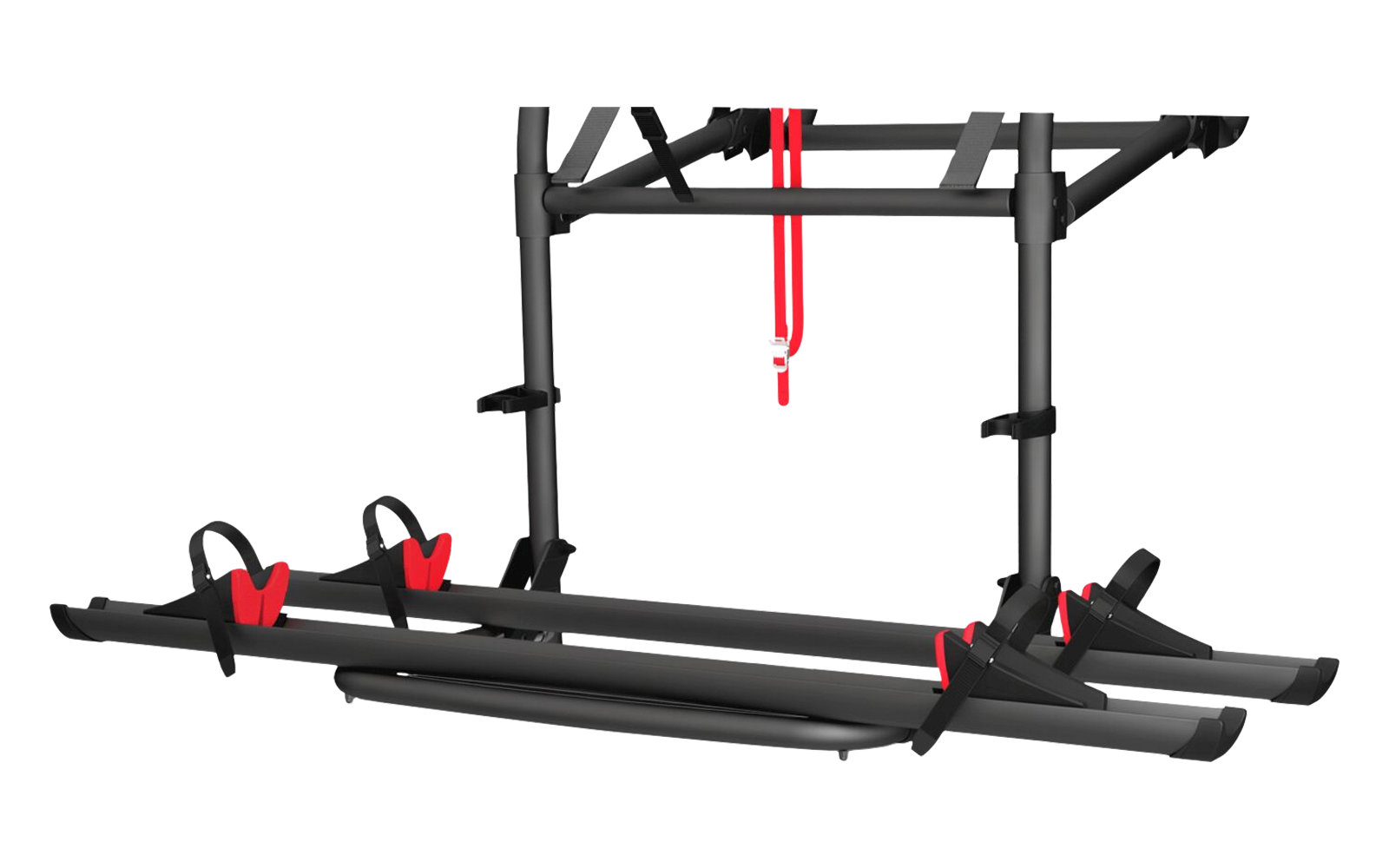 Schwarze Metallkonstruktion mit zwei langen Schienen, schwarzen Haltebügeln mit roten Clips und einem roten Riemen, auf grauem Untergrund