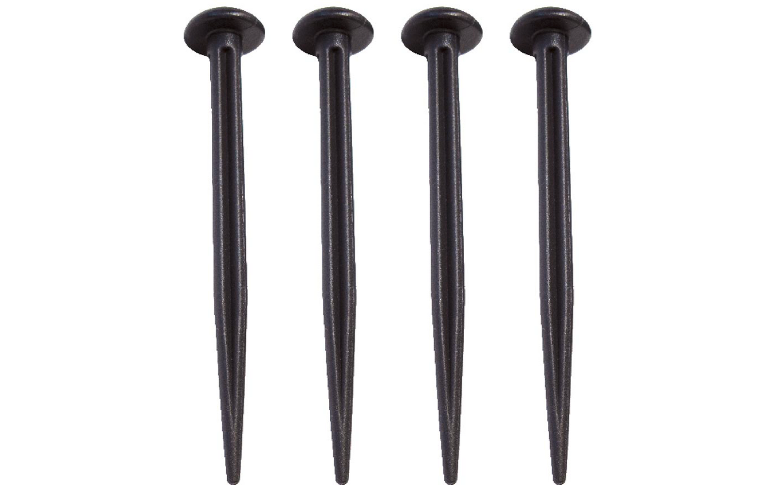 Quatre clous noirs à têtes rondes et extrémités pointues alignés sur un fond blanc
