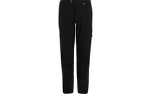 Schwarze lange Hose mit zwei Reißverschlusstaschen vorne, Knopfverschluss, seitlicher Cargotasche und elastischen Bündchen