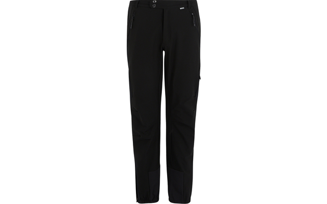 Schwarze lange Hose mit zwei Reißverschlusstaschen vorne, Knopfverschluss, seitlicher Cargotasche und elastischen Bündchen