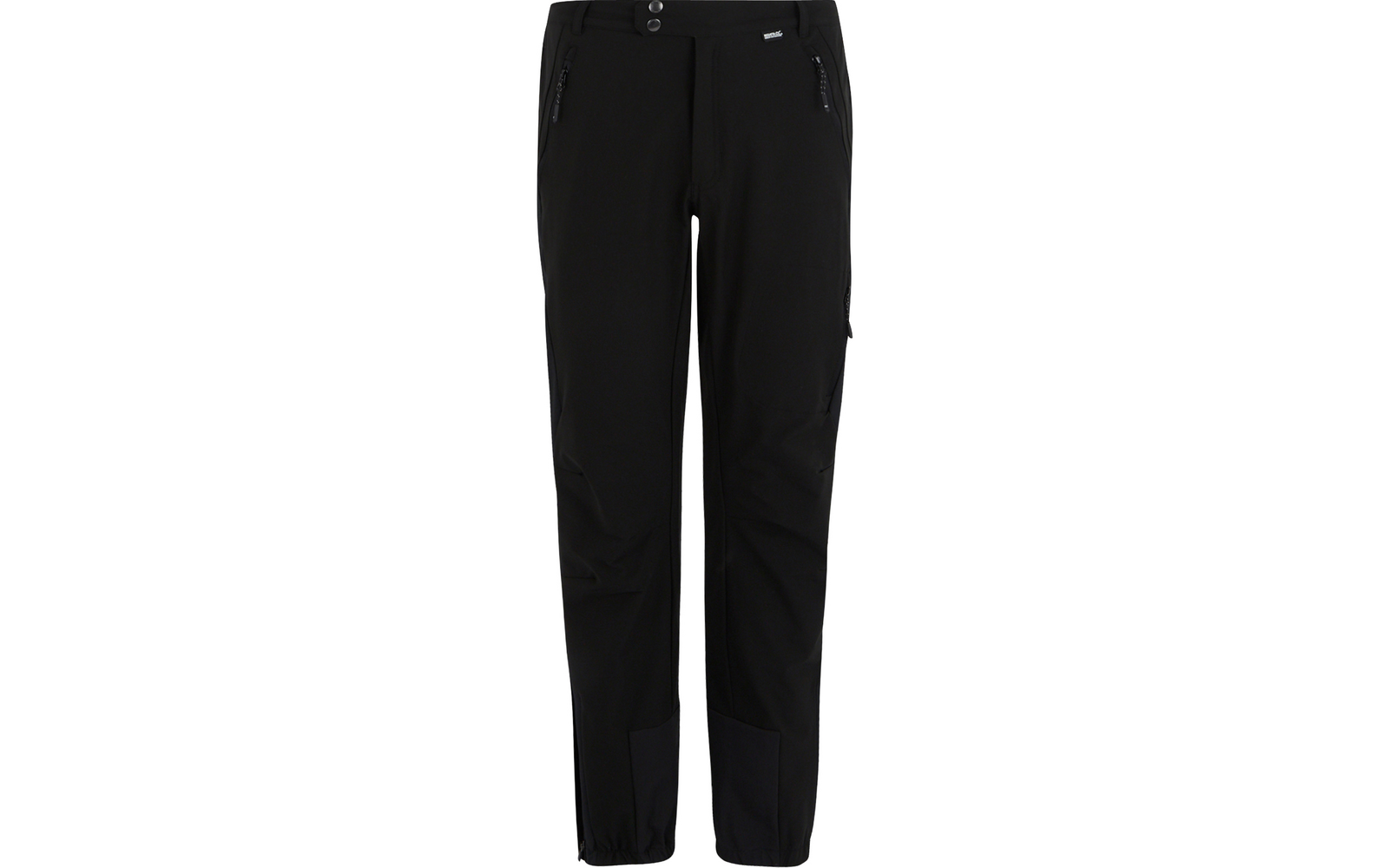 Schwarze lange Hose mit zwei Reißverschlusstaschen vorne, Knopfverschluss, seitlicher Cargotasche und elastischen Bündchen