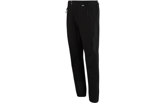Schwarze lange Hose mit seitlichen Reißverschlusstaschen, elastischen Beinabschlüssen, sichtbaren Nähten und Reißverschlussdetails