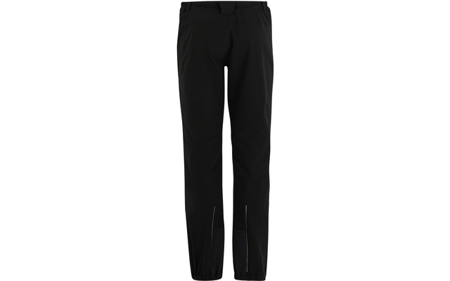 Schwarze, knöchellange Hose mit Bund, Eingrifftaschen, Knie-Abnähern und reflektierenden Streifen an den Unterschenkeln