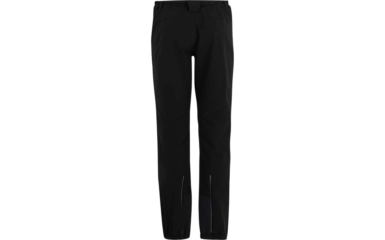 Schwarze, knöchellange Hose mit Bund, Eingrifftaschen, Knie-Abnähern und reflektierenden Streifen an den Unterschenkeln