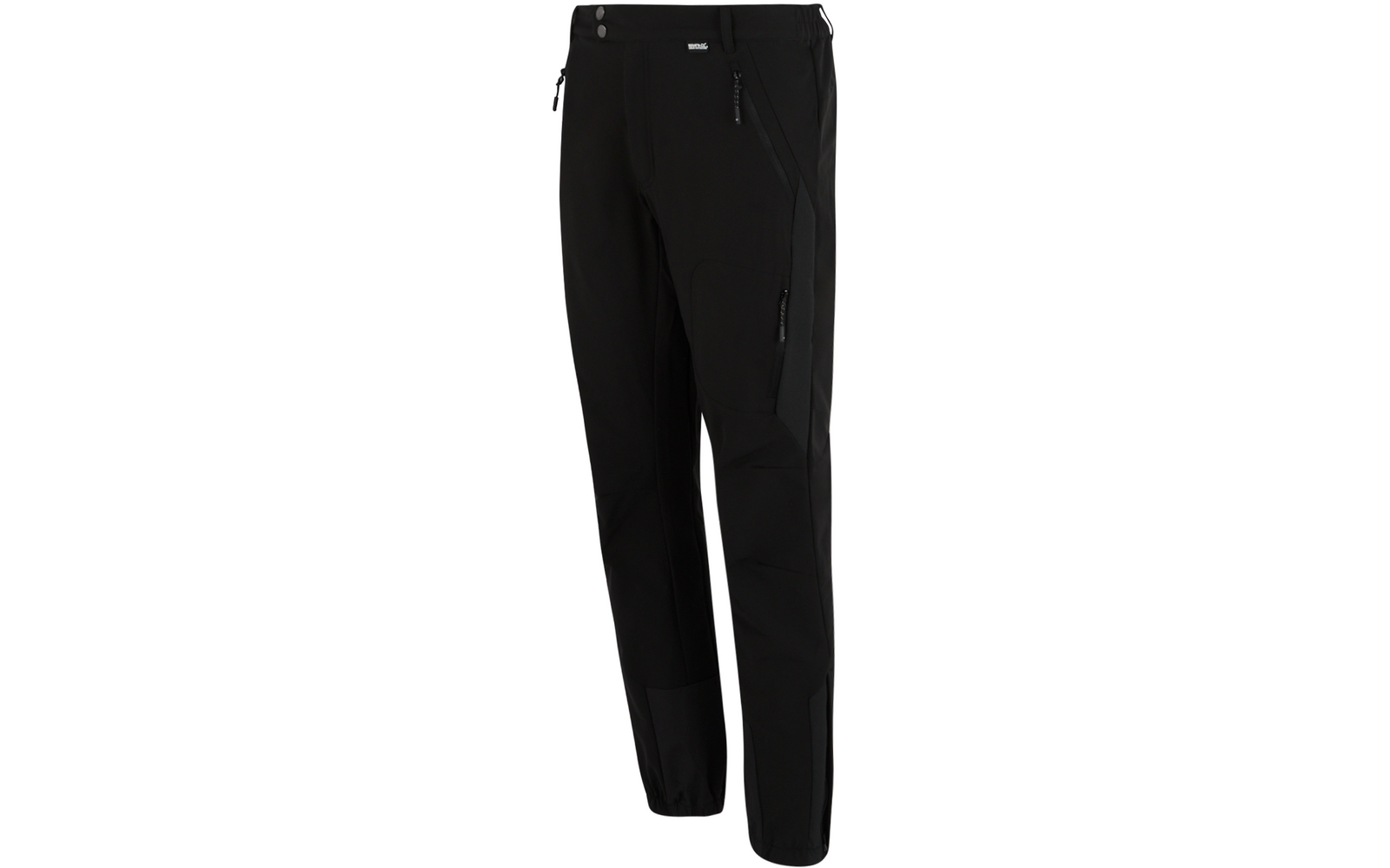 Schwarze lange Hose mit seitlichen Reißverschlusstaschen, elastischen Beinabschlüssen, sichtbaren Nähten und Reißverschlussdetails