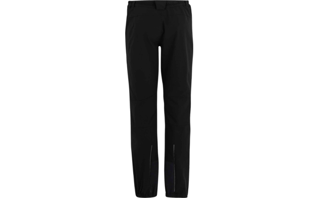 Schwarze, knöchellange Hose mit Bund, Eingrifftaschen, Knie-Abnähern und reflektierenden Streifen an den Unterschenkeln