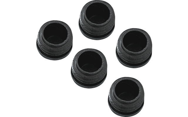 Five black round rubber bushings with cylindrical openings on a white background