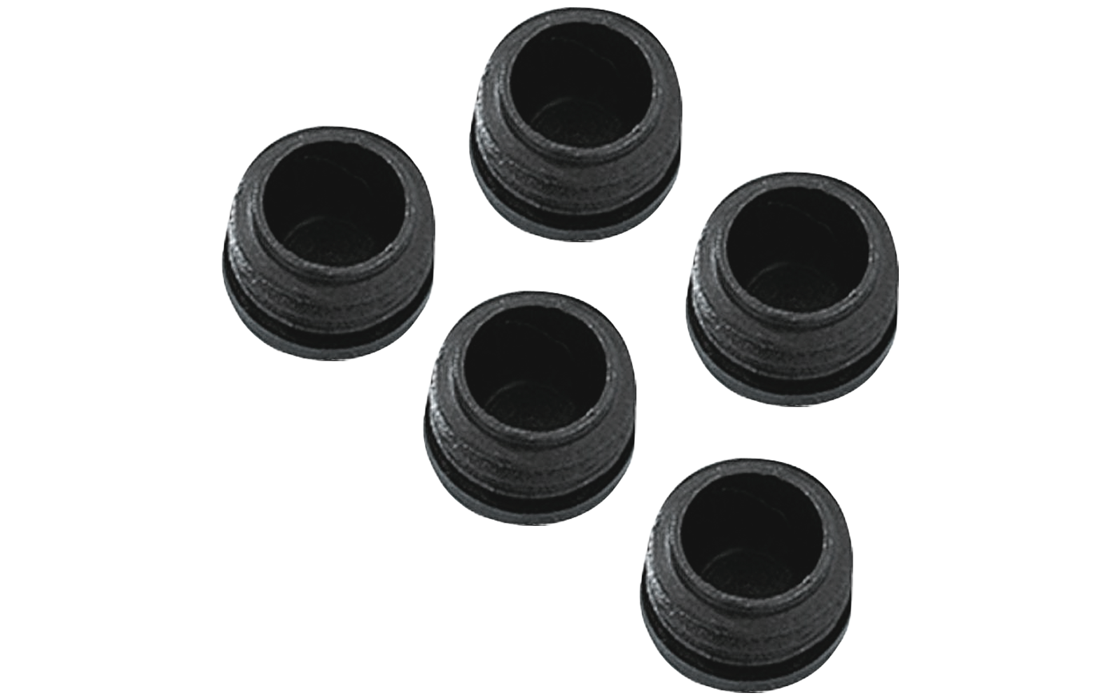 Five black round rubber bushings with cylindrical openings on a white background