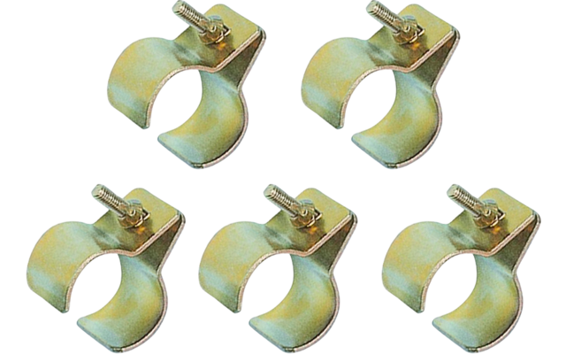 Five metal U-shaped clamps with screw fasteners on a white background