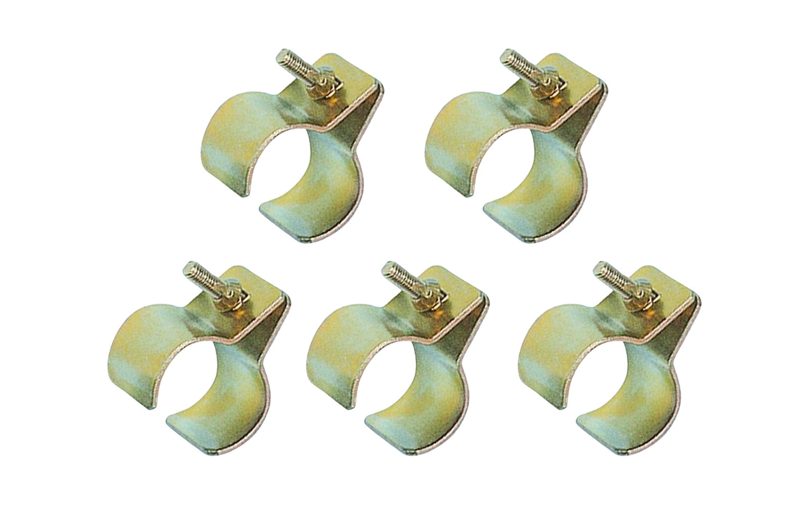 Five metal U-shaped clamps with screw fasteners on a white background