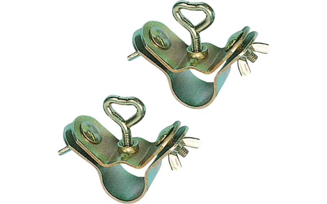 Two metal clamps with a greenish-gold finish and heart-shaped screw handles