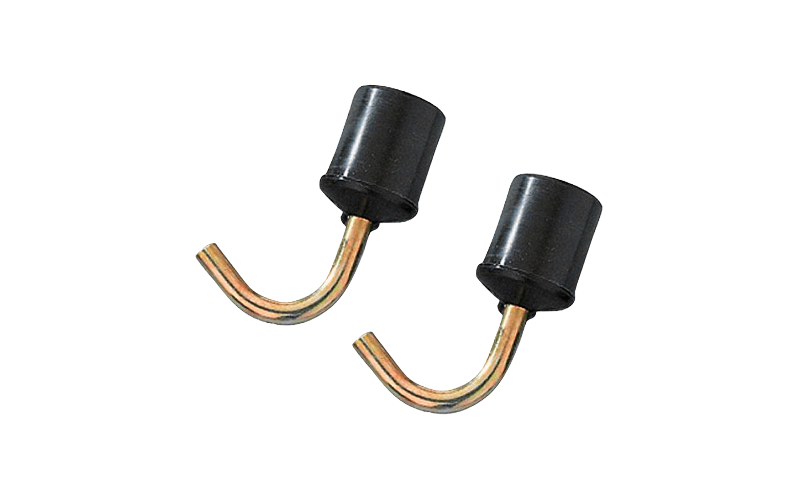 Zwei schwarze zylindrische Kappen mit gebogenen goldfarbenen Metallhaken auf weißem Hintergrund