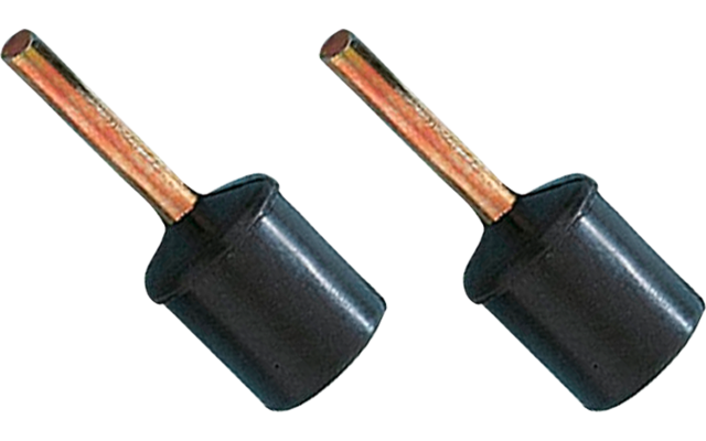 Two black cylindrical rubber bumpers with short gold-colored metal pins
