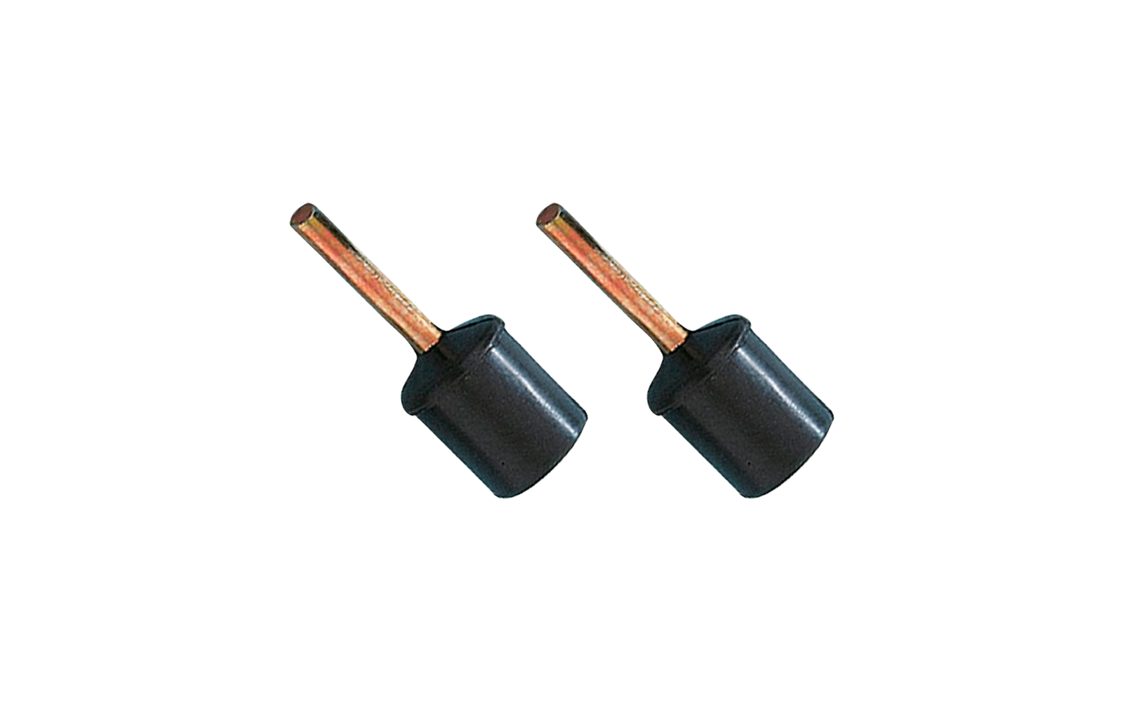 Two black cylindrical rubber bumpers with short gold-colored metal pins