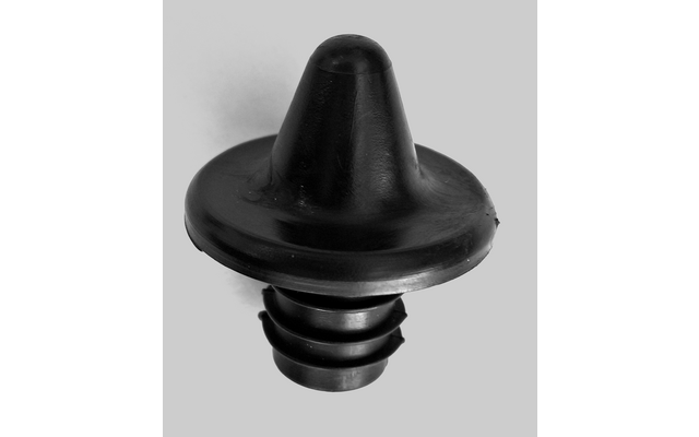 Objet rond noir avec sommet conique, disque circulaire plat au centre et tige cylindrique étagée sur fond clair