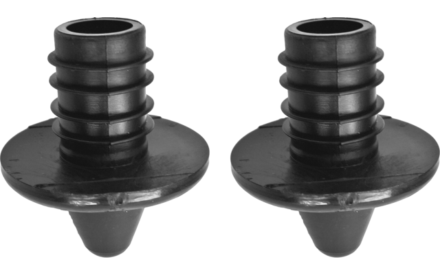 Zwei schwarze Plastikstecker nebeneinander, jeweils mit geripptem Schaft, flachem Rundkopf und kegelförmiger Spitze auf hellem Hintergrund