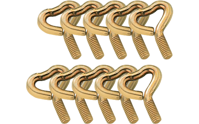 Ten gold-colored heart-shaped screw hooks with threaded shafts, arranged in two rows