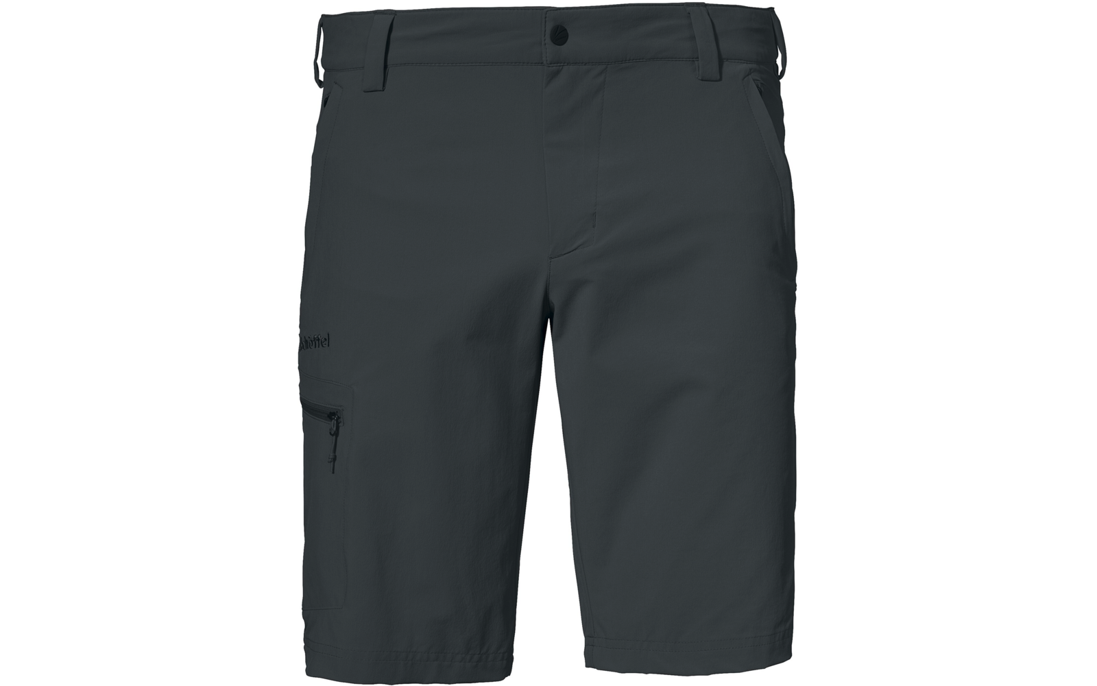 Dunkelgraue knielange Shorts mit Bund, Knopf vorne, zwei Seitentaschen und Reißverschlusstasche am rechten Oberschenkel