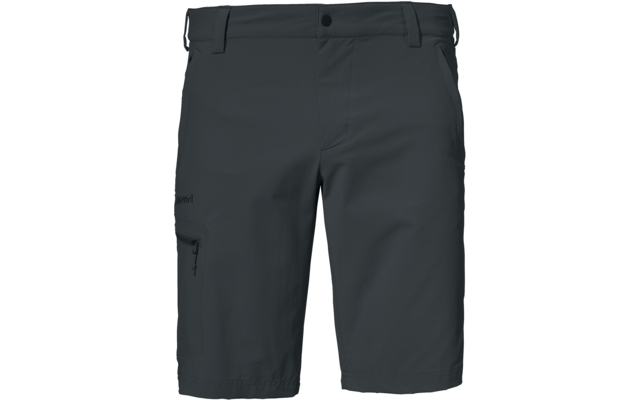 Dunkelgraue knielange Shorts mit Bund, Knopf vorne, zwei Seitentaschen und Reißverschlusstasche am rechten Oberschenkel