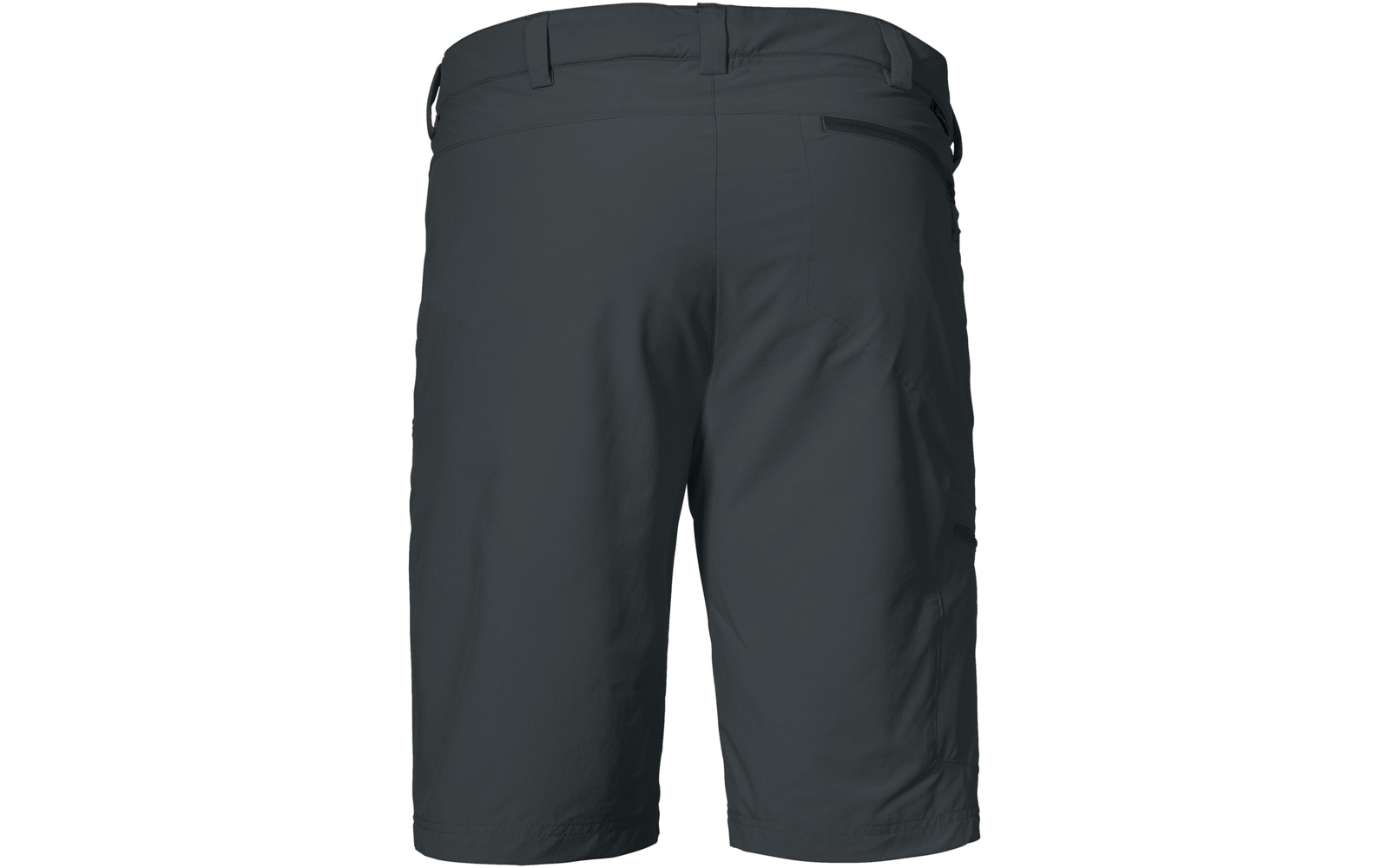 Dunkelgraue knielange Shorts, Rückansicht, mit Bund, Gürtelschlaufen und seitlicher Reißverschlusstasche