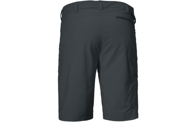 Dunkelgraue knielange Shorts, Rückansicht, mit Bund, Gürtelschlaufen und seitlicher Reißverschlusstasche