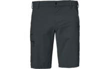 Donkergrijze knielange shorts met tailleband, knoop vooraan, twee zijzakken en een ritssluitingzak op de rechterdij