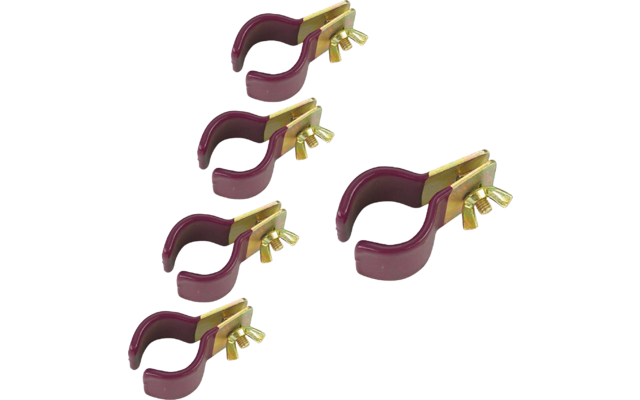 Fünf burgunderfarbene Schellen mit goldfarbenen Flügelmuttern auf weißem Hintergrund