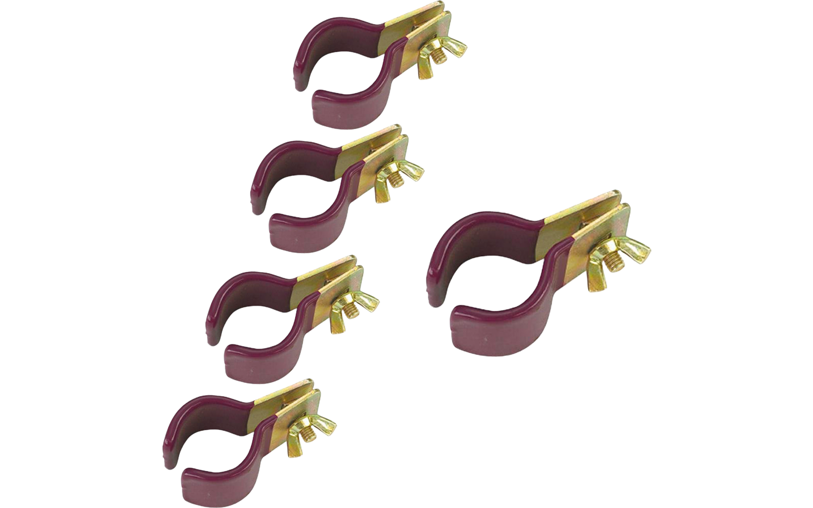 Fünf burgunderfarbene Schellen mit goldfarbenen Flügelmuttern auf weißem Hintergrund