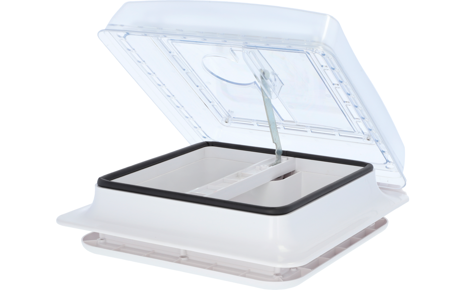 Quadratisches transparentes Kunststoffgehäuse mit geöffnetem Deckel, darin elektronische Bauteile und Kabel