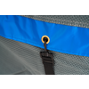 Close-up of a blue fabric band with a gold metal grommet, a black cord threaded through the grommet, a black plastic buckle on a black strap, and gray mesh fabric in the background