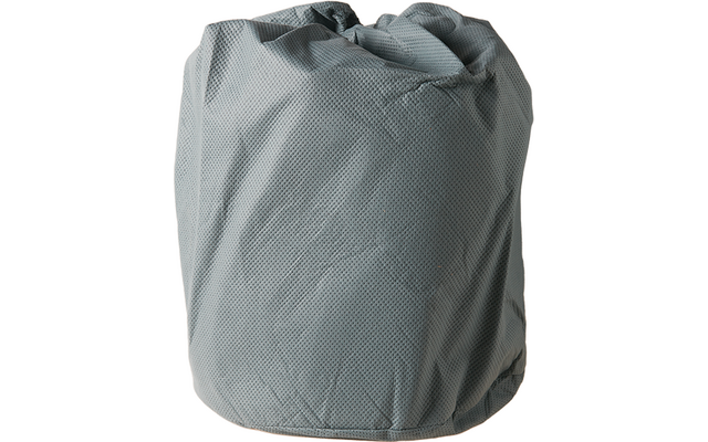Cylindrical grey fabric bag with a textured surface and a gathered top edge